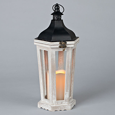 Lantern - Wood Metal Roof with Candle & Timer - White