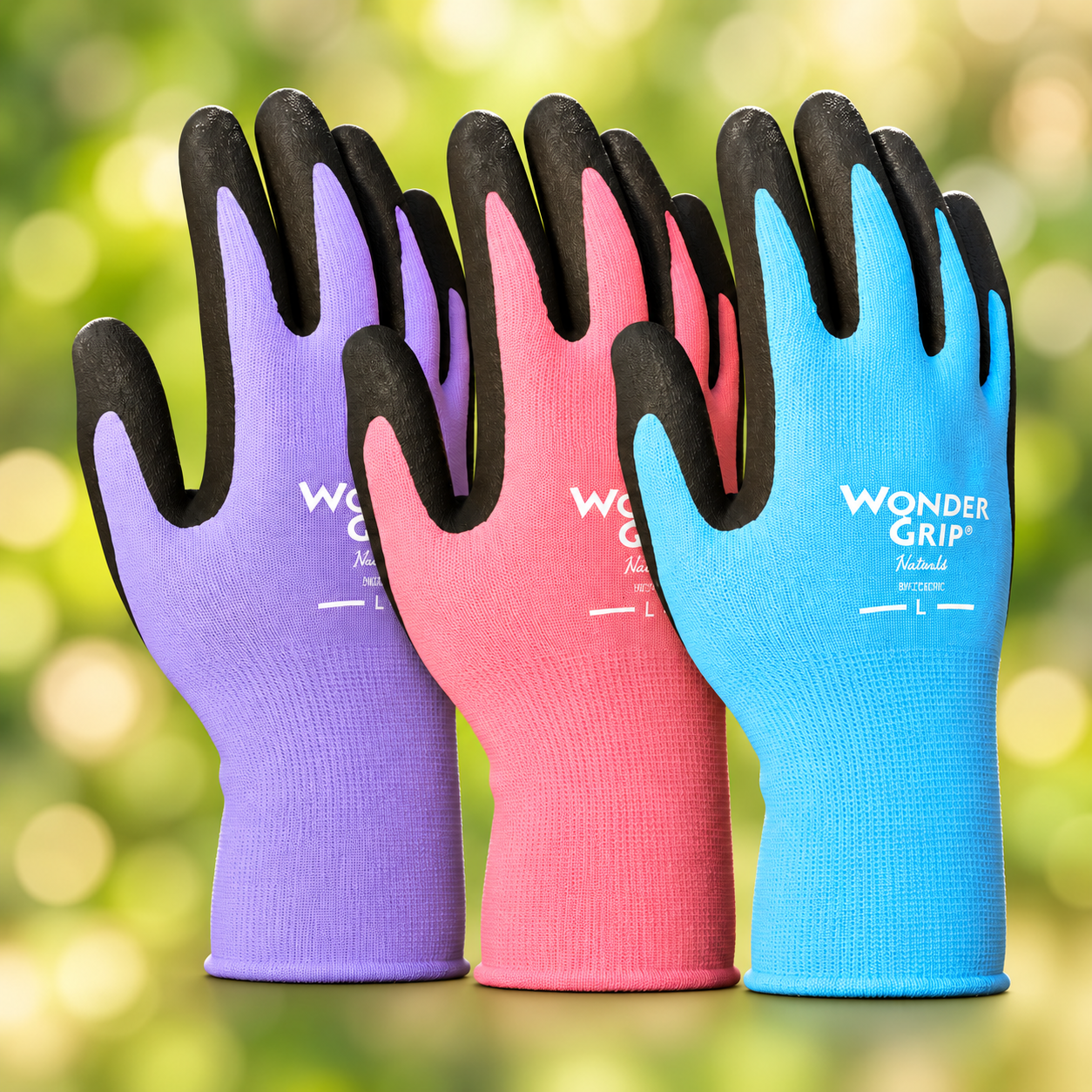 Purple, pink and blue garden gloves