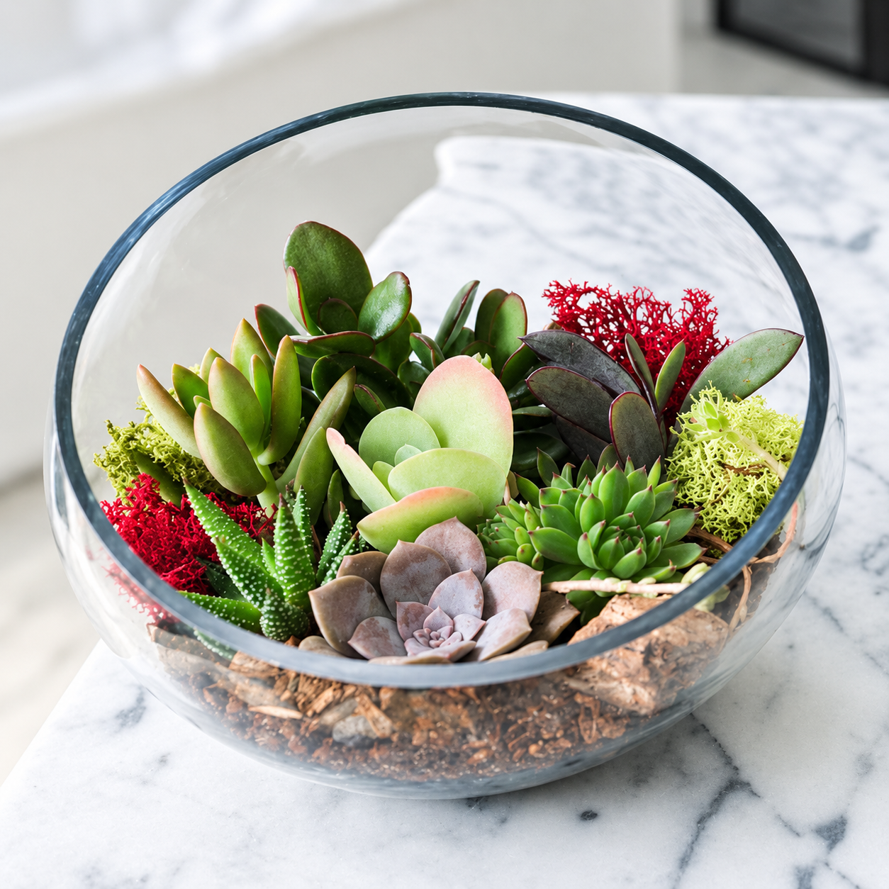 Succulents arranged in a tilted glass terrarium bowl