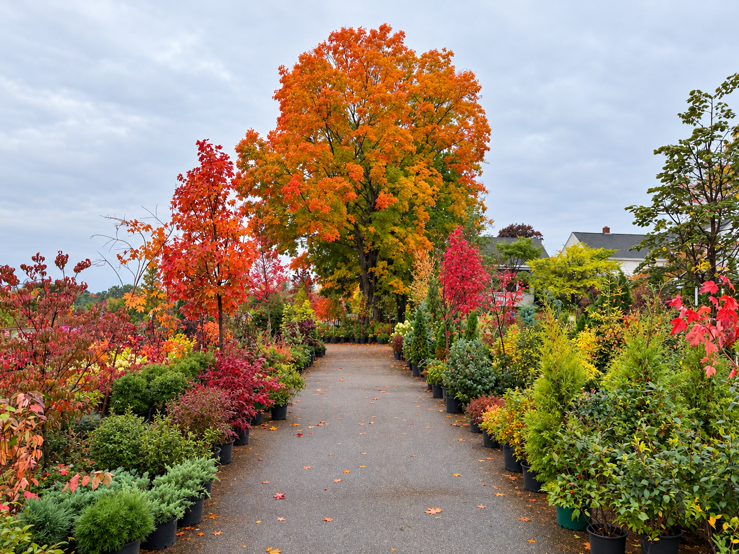 A vivid orange maple surrounded by colorful fall trees and shrubs at Estabrook's garden center